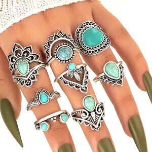 8pc Rings Set Turquoise Silver Finger Gypsy Boho Hippie Stackable Trippy Stylish